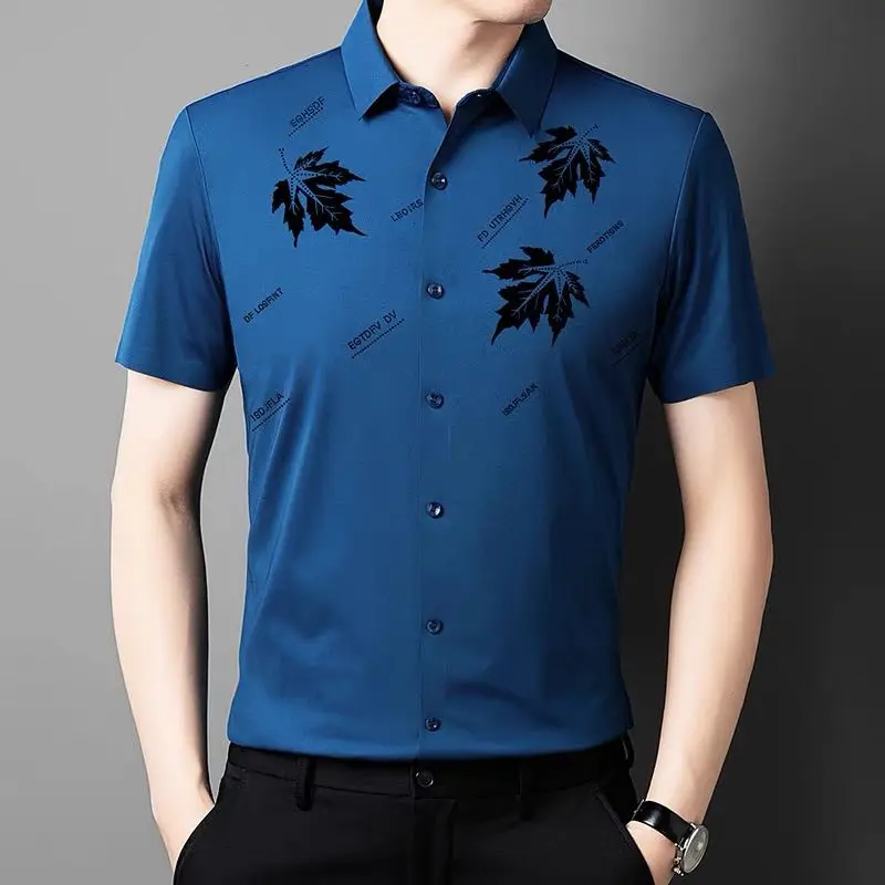 Business Fashion Smart Casual High-end Men Short Sleeved Shirt Summer Thin Lapel Patchwork Button Solid Printed Thin Top 2024