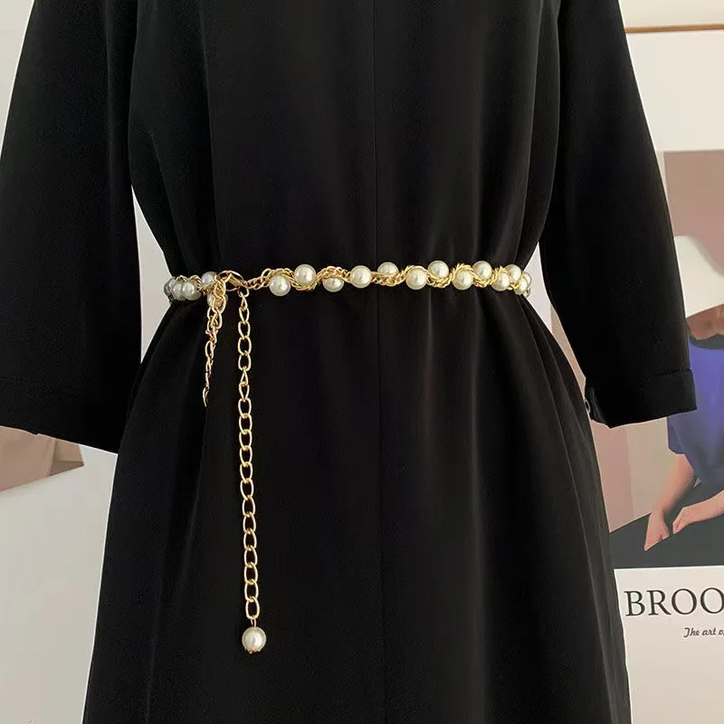 Fashion Women Metal pearl Retro Adjustable Length Belt Popular Trend Belt for Dress Trousers Sweater Suit Pants Decorative
