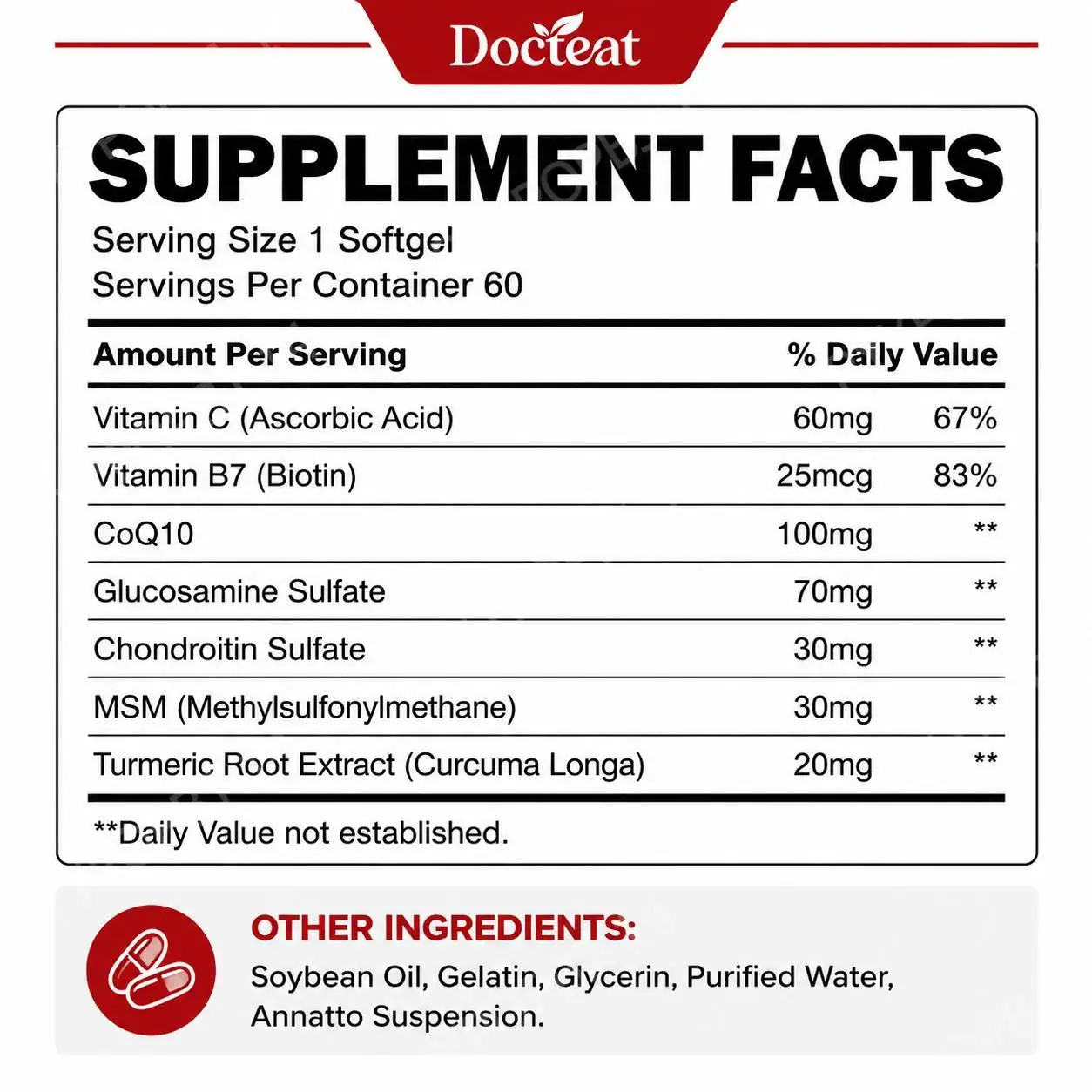 Docteat CoQ10 Softgels Easy-to-swallow with Vitamin C and Vitamin B7 for Daily Joint Comfort and Ease of Movement, 60 Softgels