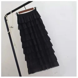 Spring Autumn Office Lady Elastic High Waisted Solid Color Women's Clothing Gauze Mesh Bag Hip Cupcake All-match Knee Skirts