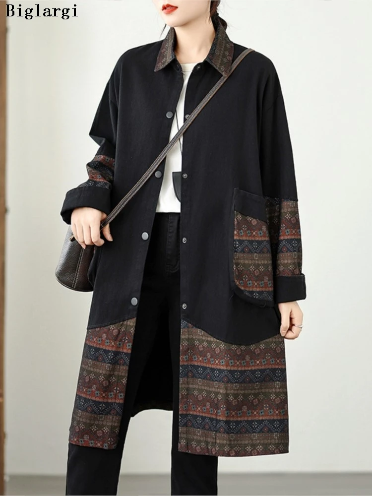 

Oversized Denim Ethnic Style Autumn Coat Women Floral Print Fashion Ladies Jackets Loose Vintage Woman Midi Coats