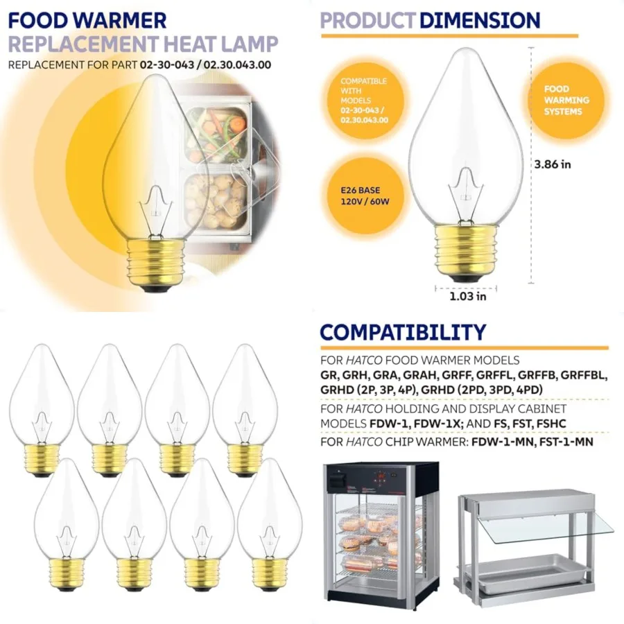 

Heat Lamp Bulbs for Food Compatible with Hatco 02.30.043 Heat Warmer, Commercial Food Warming High Temp Shatter Resistant Safet