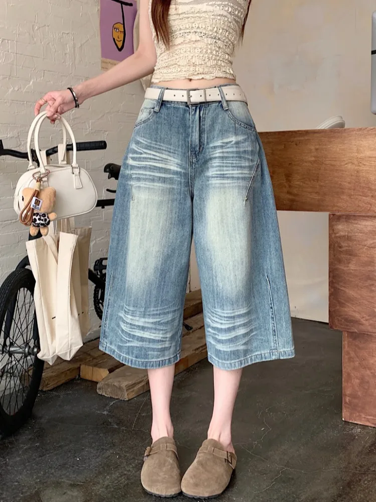 

American Retro Washed Wide Leg Seven-Foot Denim Jeans Women Summer Spicy High Waist Loose Slim Straight Tube Mid-Pants