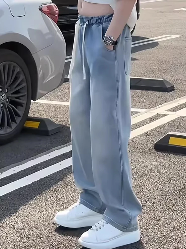 

Голубые мужские джинсы из ледяного шелка, летние модные брендовые тонкие широкие брюки, прямые брюки в американском стиле High Street