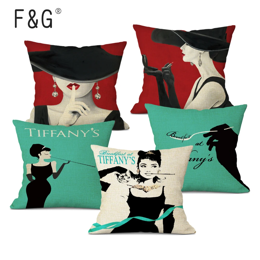 Fashion Women Cushion Cover Girl Printing Throw Pillow Case Black Striped Romantic Red Wine Decorative Linen Pillow Cover