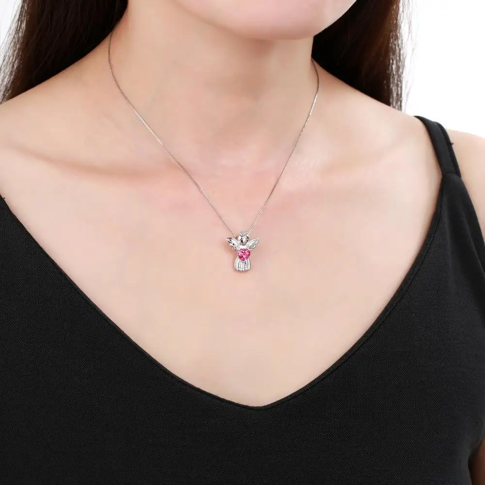 Gem's Ballet 925 Sterling Silver Womens Angel Pendant Necklace With 6x6mm Heart Shape Pink Topaz 18