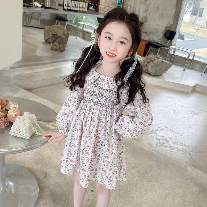 

Autumn Children Girls Dress Cotton Floral Printed Toddler Girls Princess Dress Cotton Peter Pan Collar Infant Babys Girls Dress