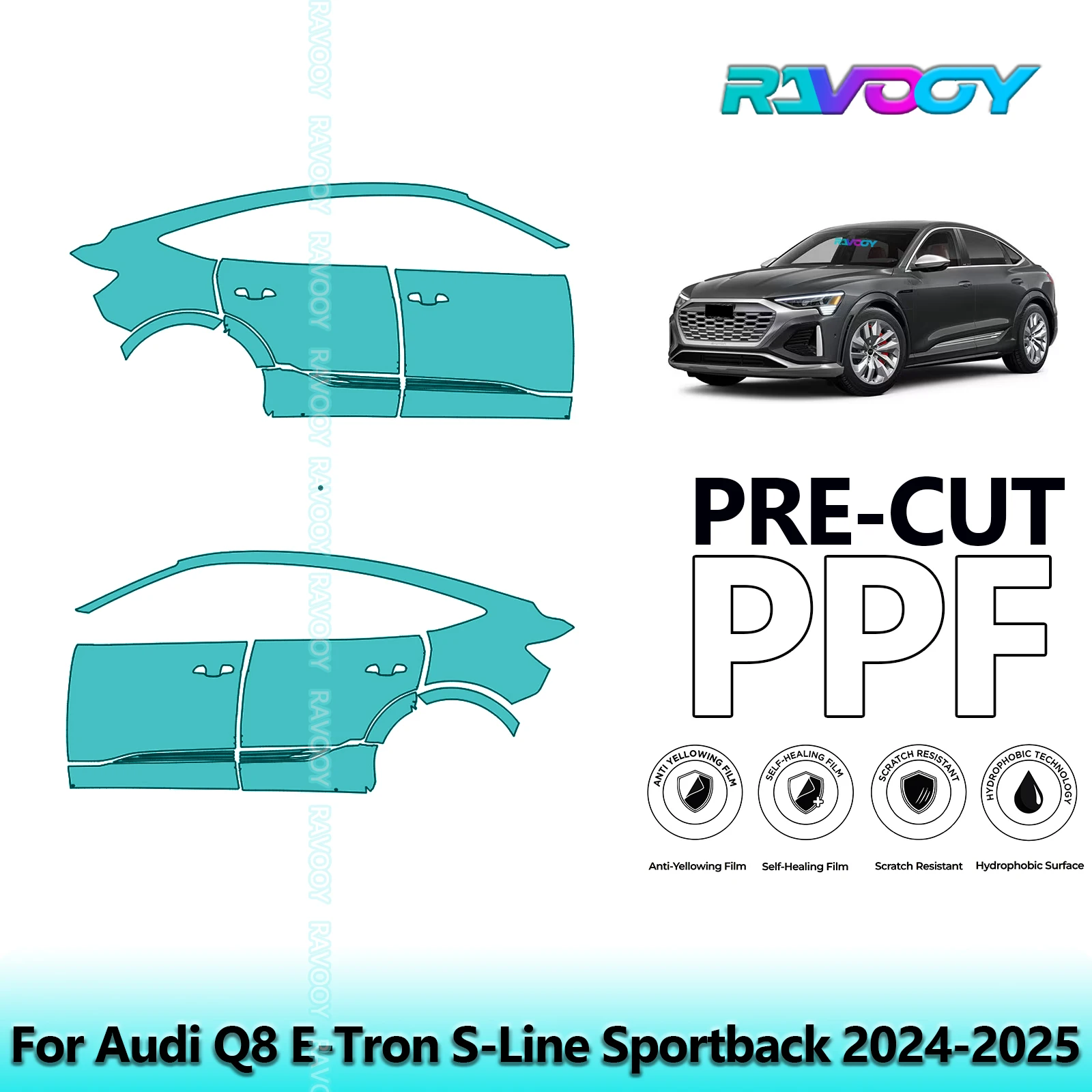 

For Audi Q8 E-Tron S-Line Sportback 2024-2025 8.5mil Clear Matte Pre-Cut PPF Door & A/B Pillar Kit TPU Paint Protection Film Set
