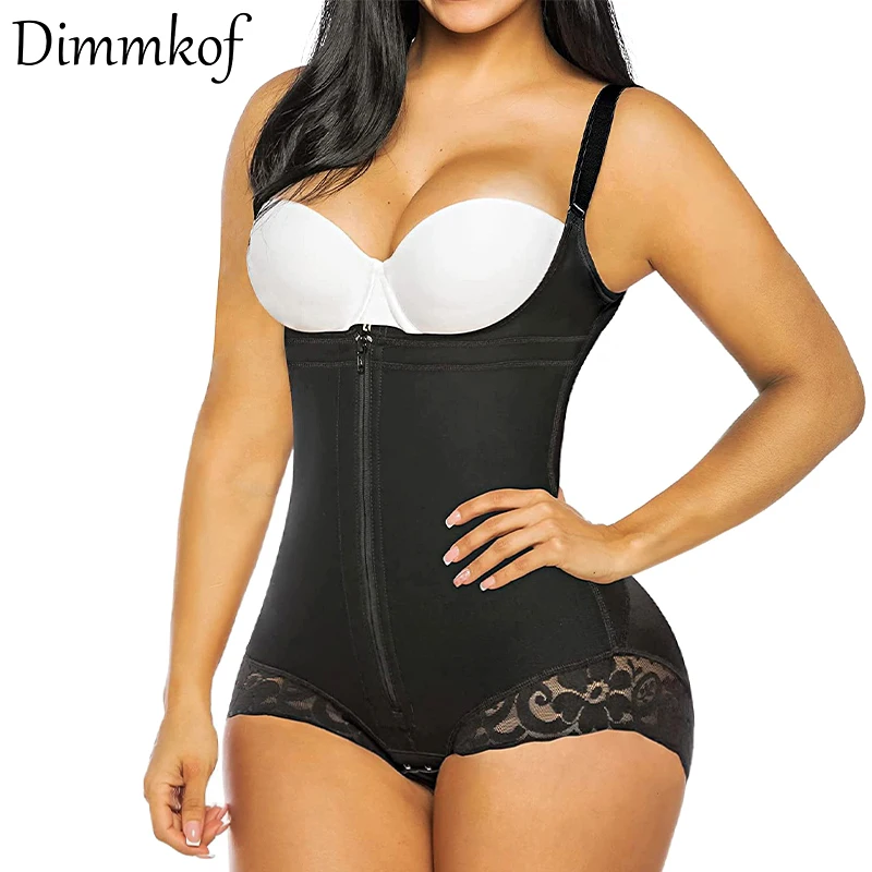 

Dimmkof Open Bust Lace Hem Double Compression Bodysuits Women's Control Flabby Tummy Shapewear Adjustable Straps Body Shaper