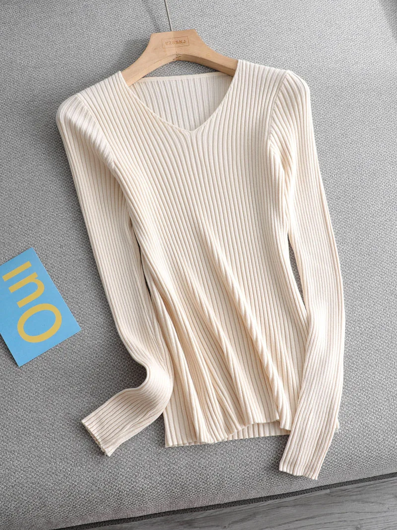 basic v-neck solid autumn winter Sweater Pullover Women Female Knitted sweater slim long sleeve