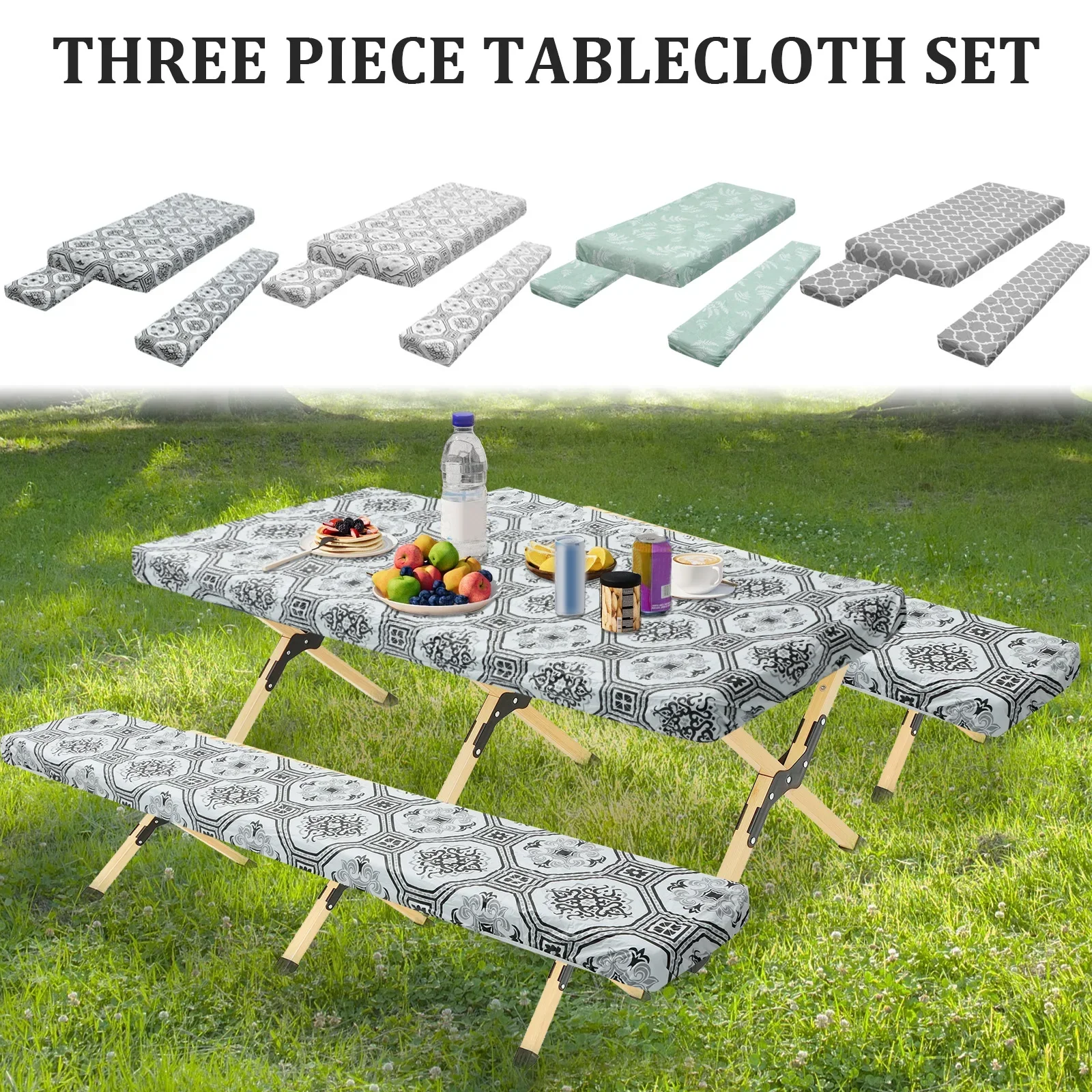 Tischdecke, Bankdecke, PVC, wasserdicht, Camping-Tischdecken-Set mit elastischem Rand, Picknick-Tischdecke, Dekoration für den Garten im Freien
