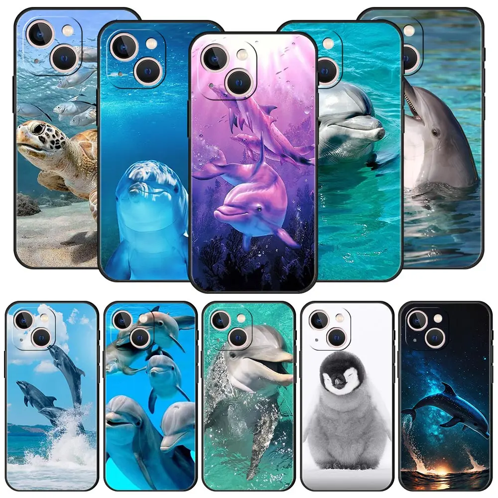 Ocean Animal Dolphin Phone Case For iPhone 17 16 15 Pro Max 11 12 13 14 7 8 Plus SE 2020 X XR XS Cover Soft Black