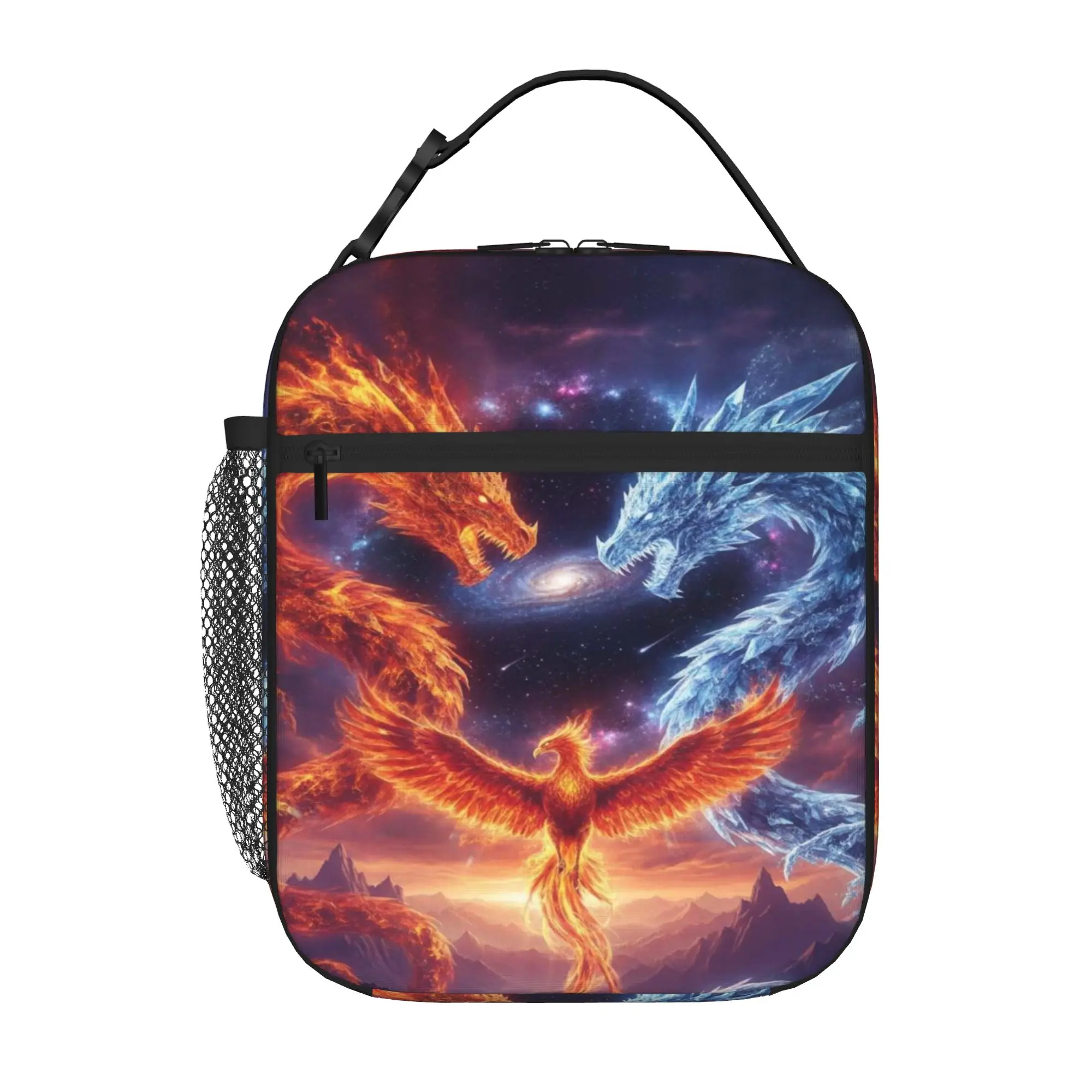 Back to school season  Lunch Bag Phoenix And Dual Dragons Fantasy Art Large Capacity Cool Daily Snack Storage Lunch Bag
