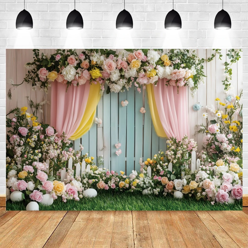 Romantische Tuin Wieden Achtergronden Voor Foto's Houten Plank Boog Verse Bloemen Gazon Levendige Kleuren Decoratie Foto Achtergronden