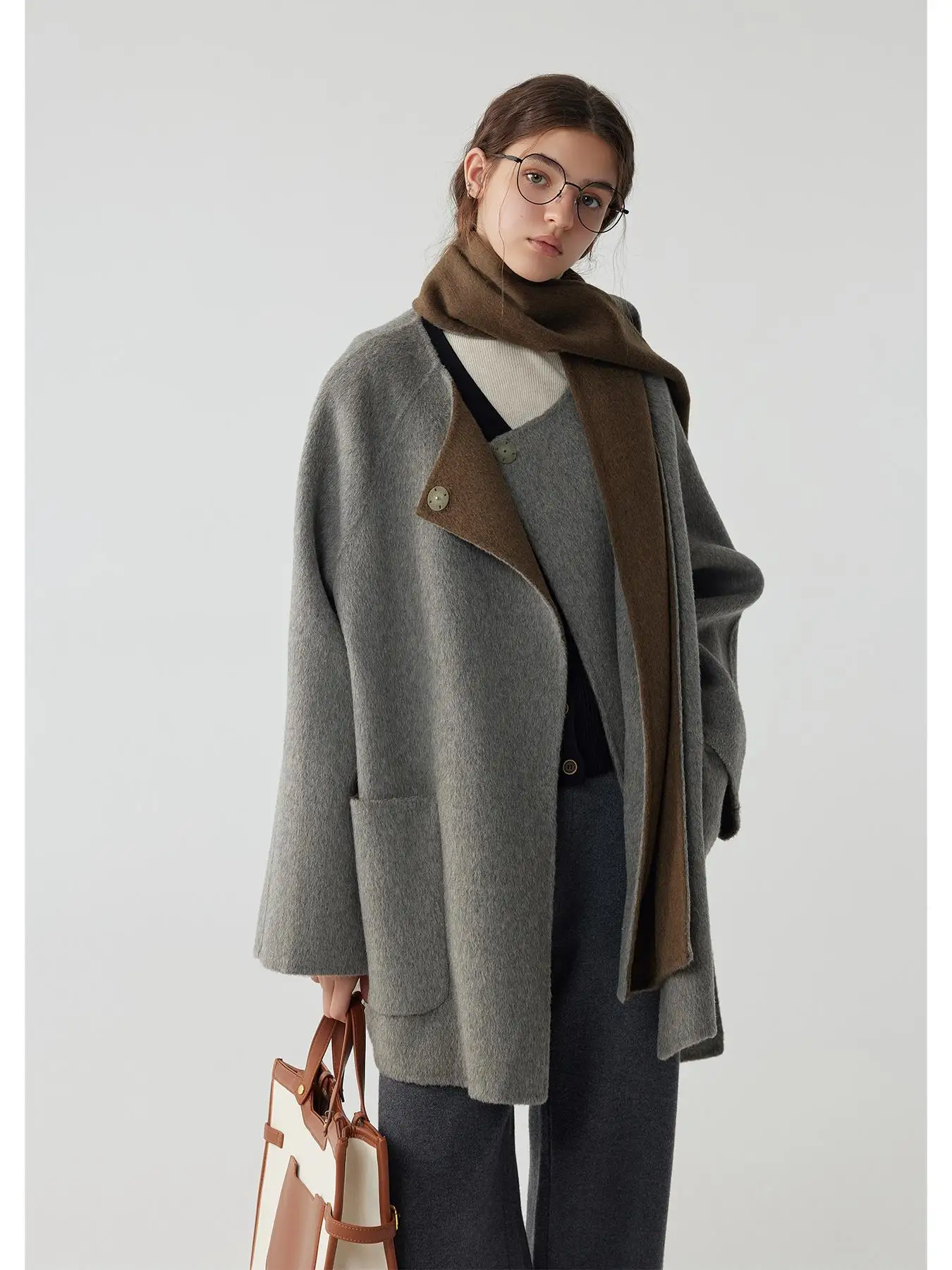 

Двустороннее шерстяное пальто GSSMZ средней длины для женщин, простое, зимнее, для повседневной носки, с длинными рукавами, однотонное