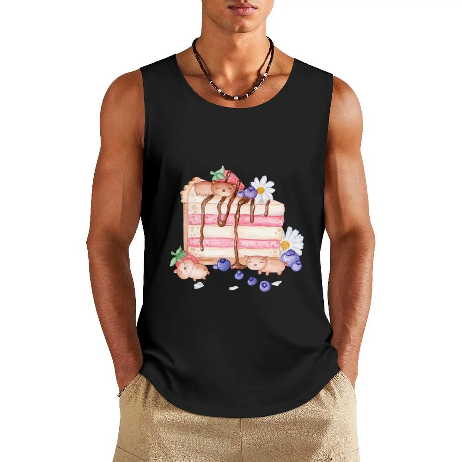 Camiseta sin mangas de tarta de queso de hámster, top de anime para hombre, camiseta japonesa, chaleco sin mangas para hombre