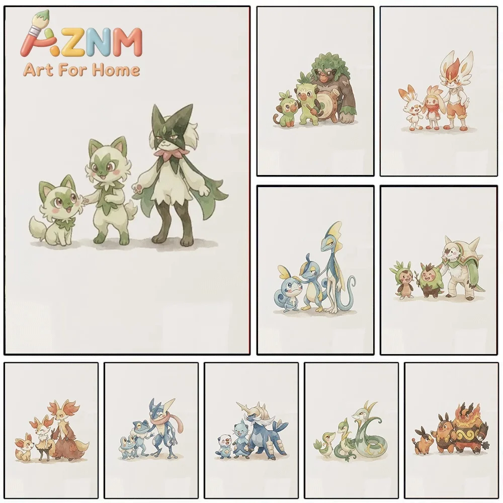 Watercolor Sprigatito Evolution Pokemon Canvas Wall Art No Frame Cute Anime Character Print Poster for Kids Bedroom Nursery Li
