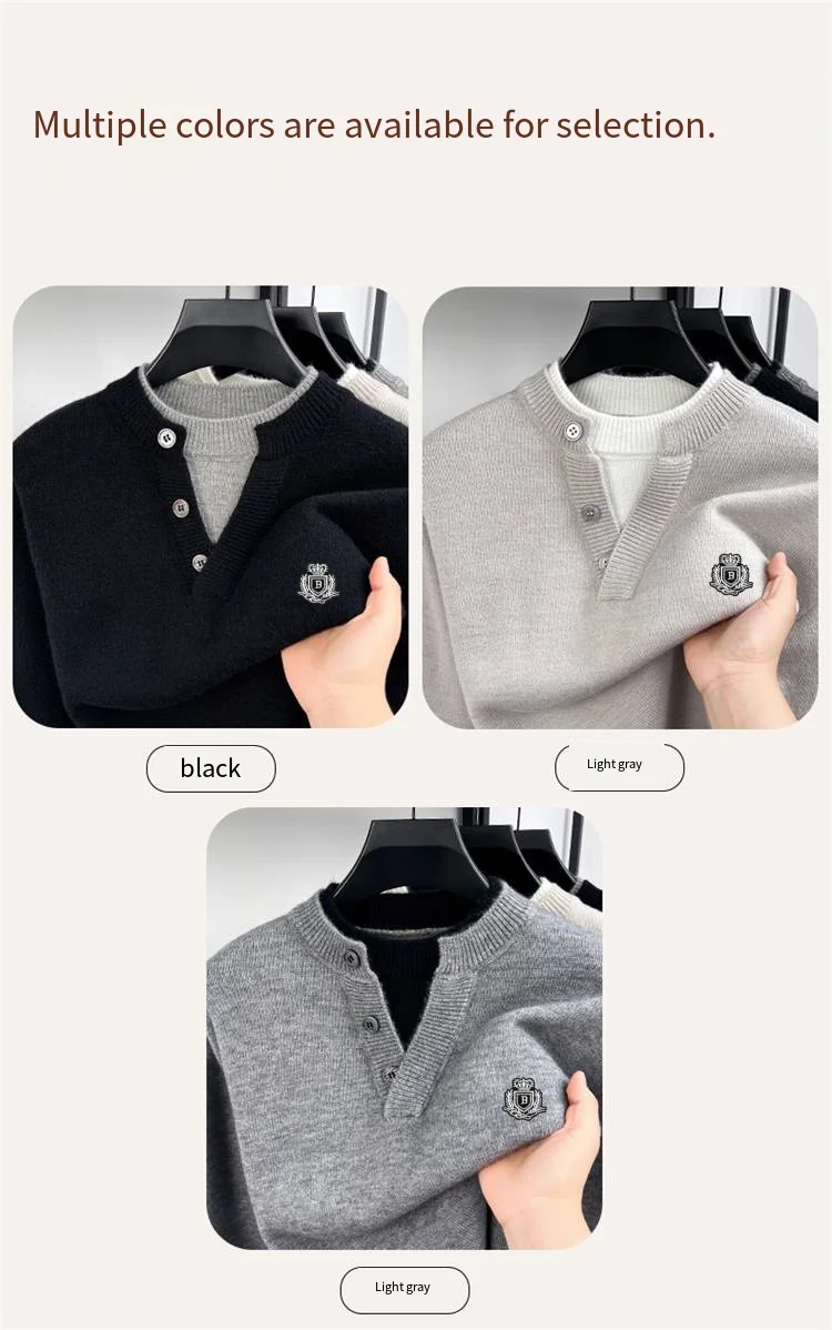 Britischer Stil Herren Langarm-Strickpullover mit Knöpfen, Zweiteiler-Optik, Farbblockierung, Stickerei, Outdoor-Komfort, Herrenbekleidung – Detail 6