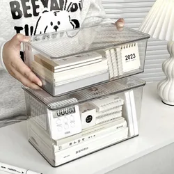 PET Desktop Storage Box Large Capacity with Lid Cosmetic Organizer Box Transparent Office Supplies Book Document Storage Box