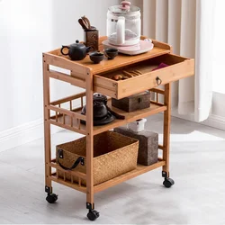 Bamboo Shelf Serving Table with Wheels Drawer Kitchen Storage Cart Bar Cart  Chinese Wine Tea  Island Trolley