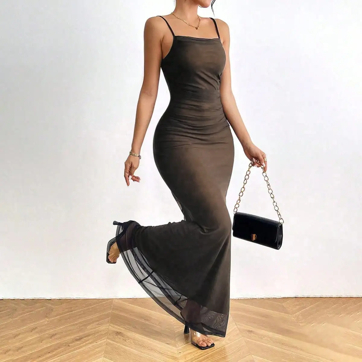 فستان نسائي طويل شبكي شفاف من خلال فستان Bodycon Cami