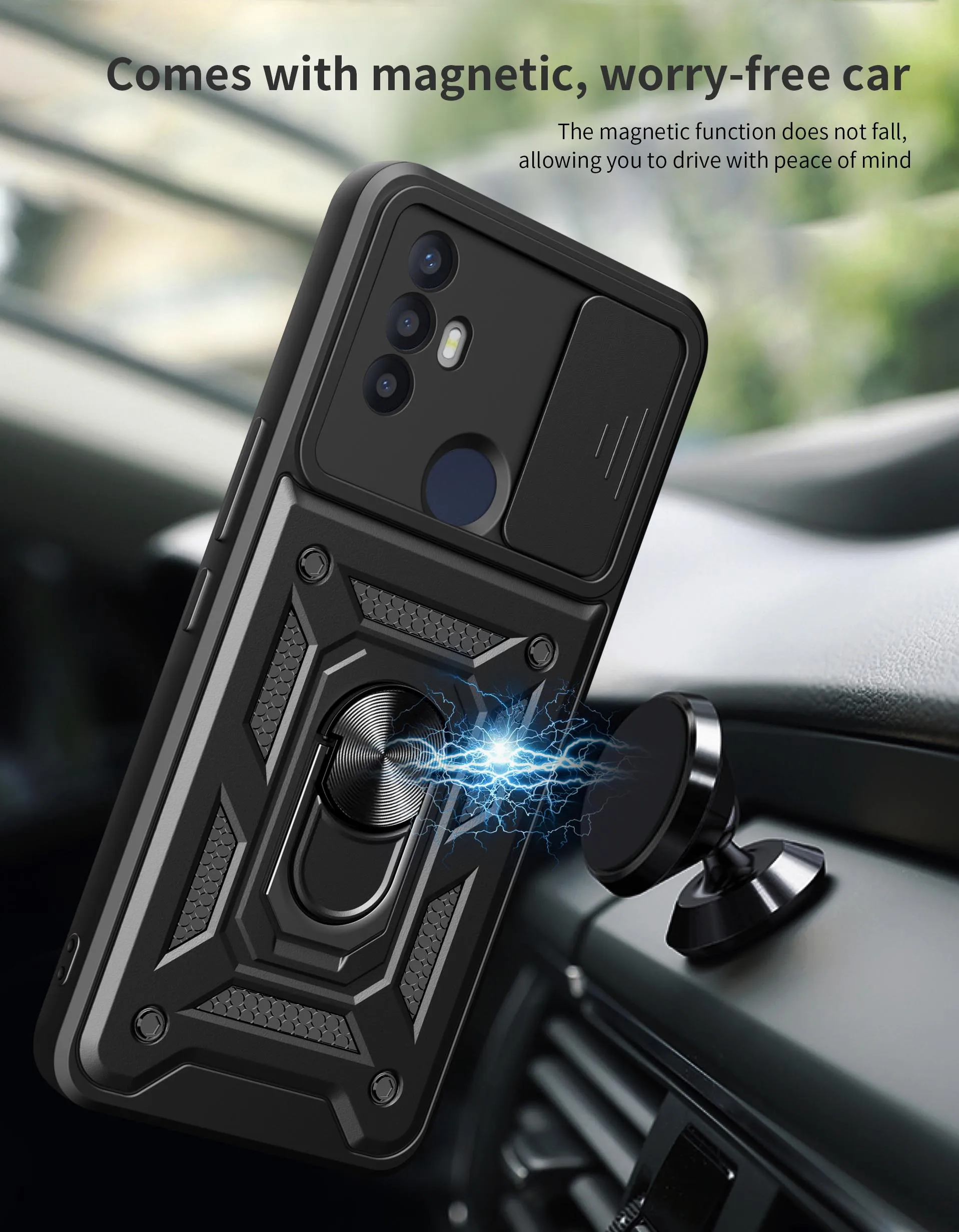 Slide Camera Case for TCL 30 SE 6165H 6165A Luxury Car Magnetic Ring Holder Shockproof Soft Edges Hard Armor Phone Cover TCL30SE