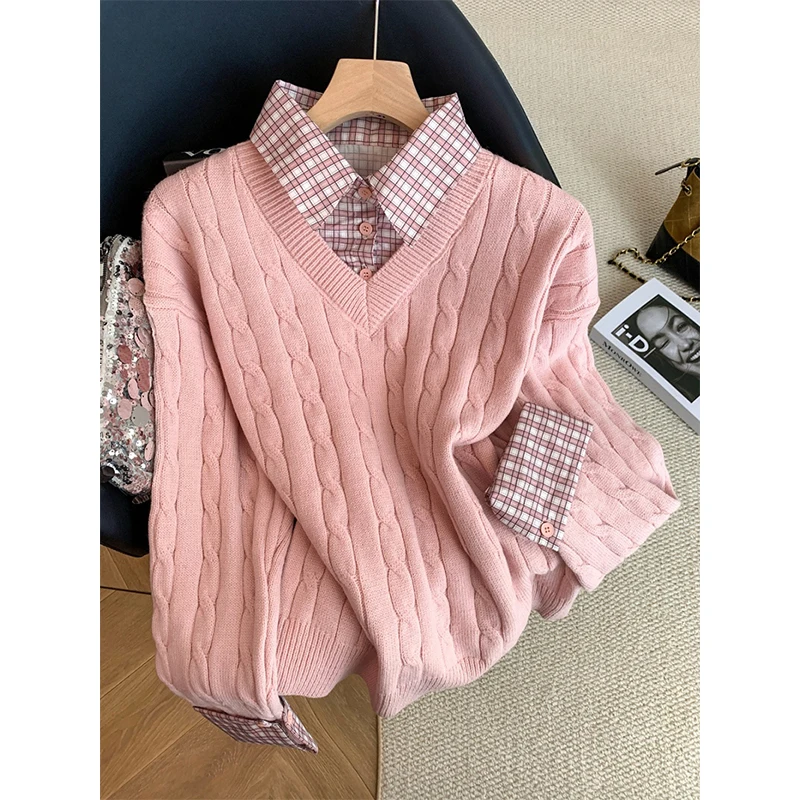 MEXZT Süße Rosa Pullover Frauen Harajuku Plaid Patchwork Gestrickte Pullover Koreanische Langarm Strickwaren Winter Mode Jumper