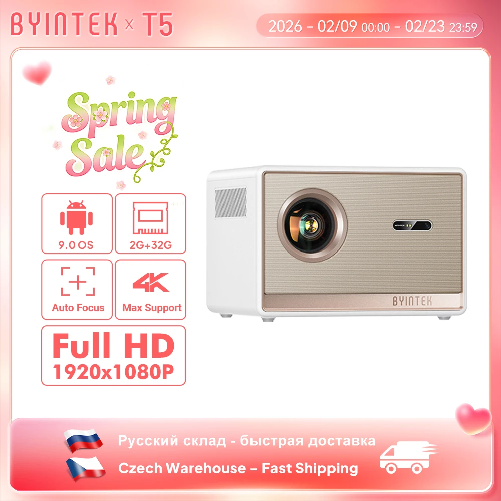 

BYINTEK T5 Max Full HD 1080P Projector 4K 1000ANSI Android WiFi 6 Auto Focus ProfessionalBass Home Theater Projector for Video