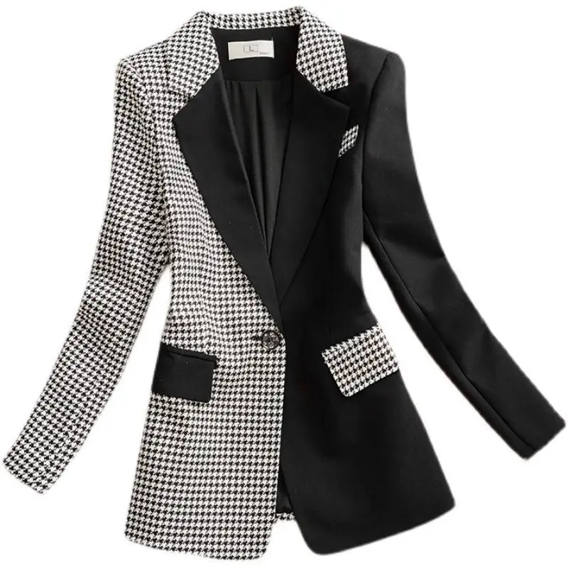 2023 Spring And Autumn Stitching Houndstooth Lining Suit Coat Women\'s Design Temperament Casual White Blazer Female Jacket