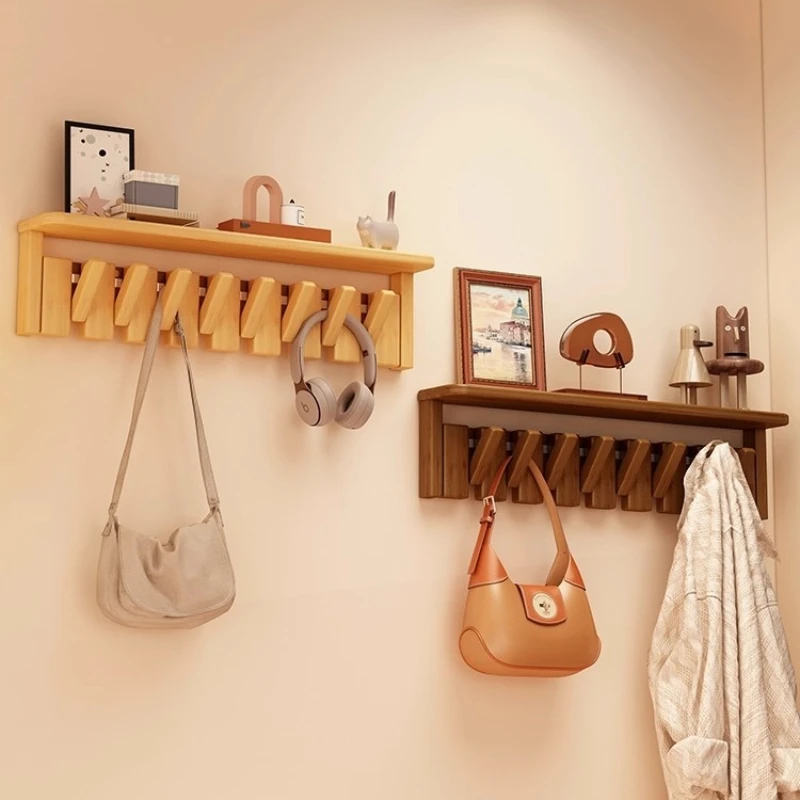High-value solid wood clothes hook, no drilling required, multifunctional bedroom storage rack