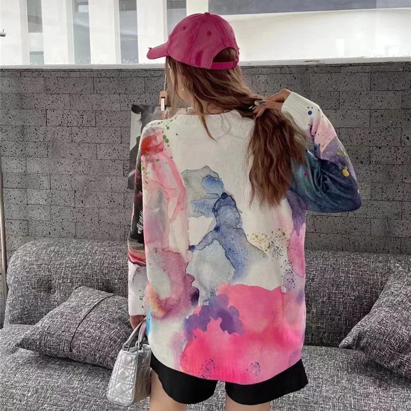 2024 Autumn Winter New Hot Diamond Tie-dye Cartoon Sweaters Women Loose Fashion Top Round Neck Pullover Long-sleeved Sweater