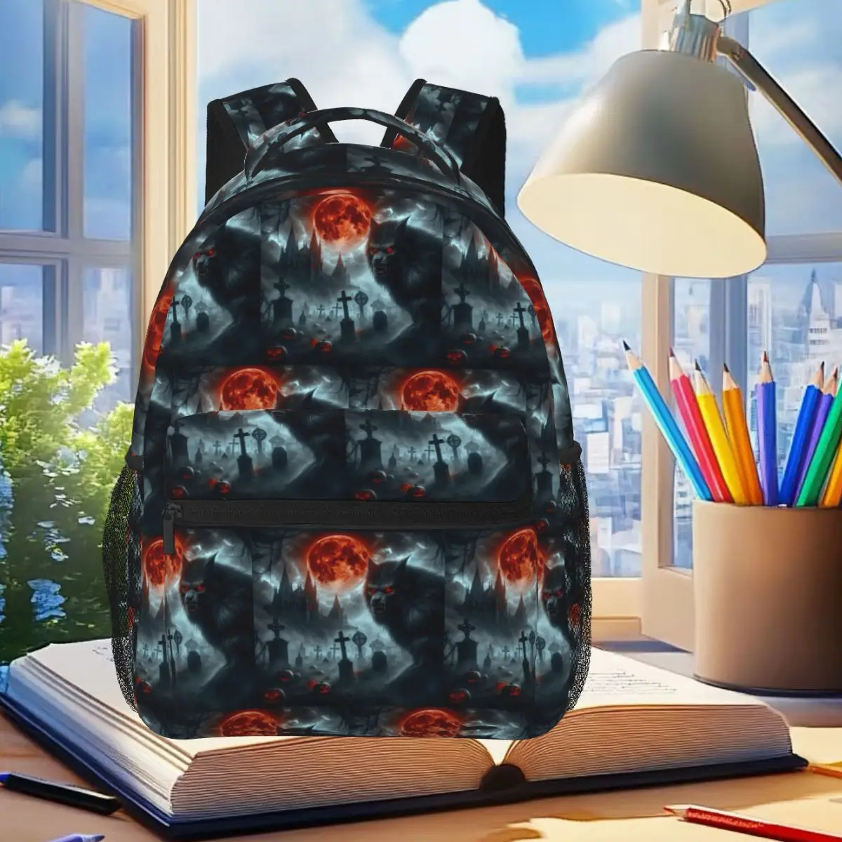

Werewolf With Red Eyes And Red Moon Halloween Pumpkin Backpack Student Boys Girls BookBag Kids School Bag Laptop Shoulder Bags