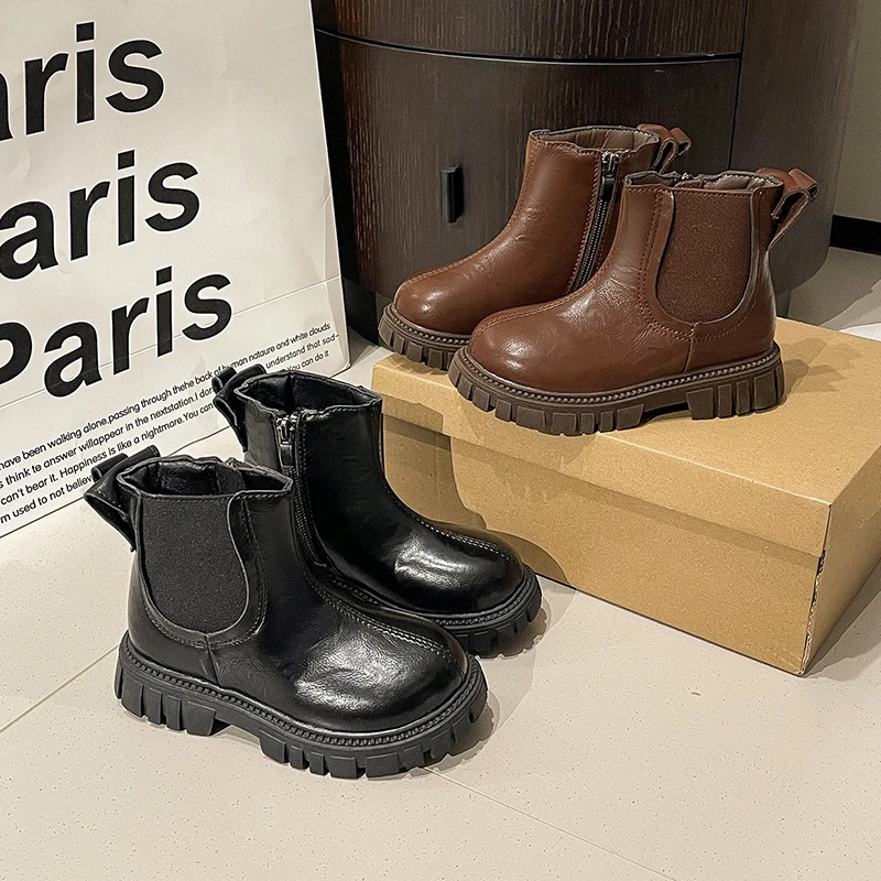 الفتيات الأحذية الجلدية بلون الكورية نمط الاطفال أحذية بوت قصيرة أصابع مستديرة 2025 شتاء جديد الأطفال الأميرة الأحذية سستة عدم الانزلاق #1