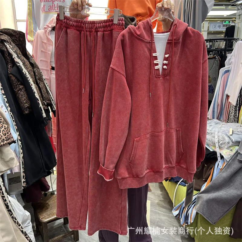 SuperAen European and American Style Design Buttoned Pocket Loose Long-sleeved Hooded Tops Elastic Waist Wide-leg Pants Sets