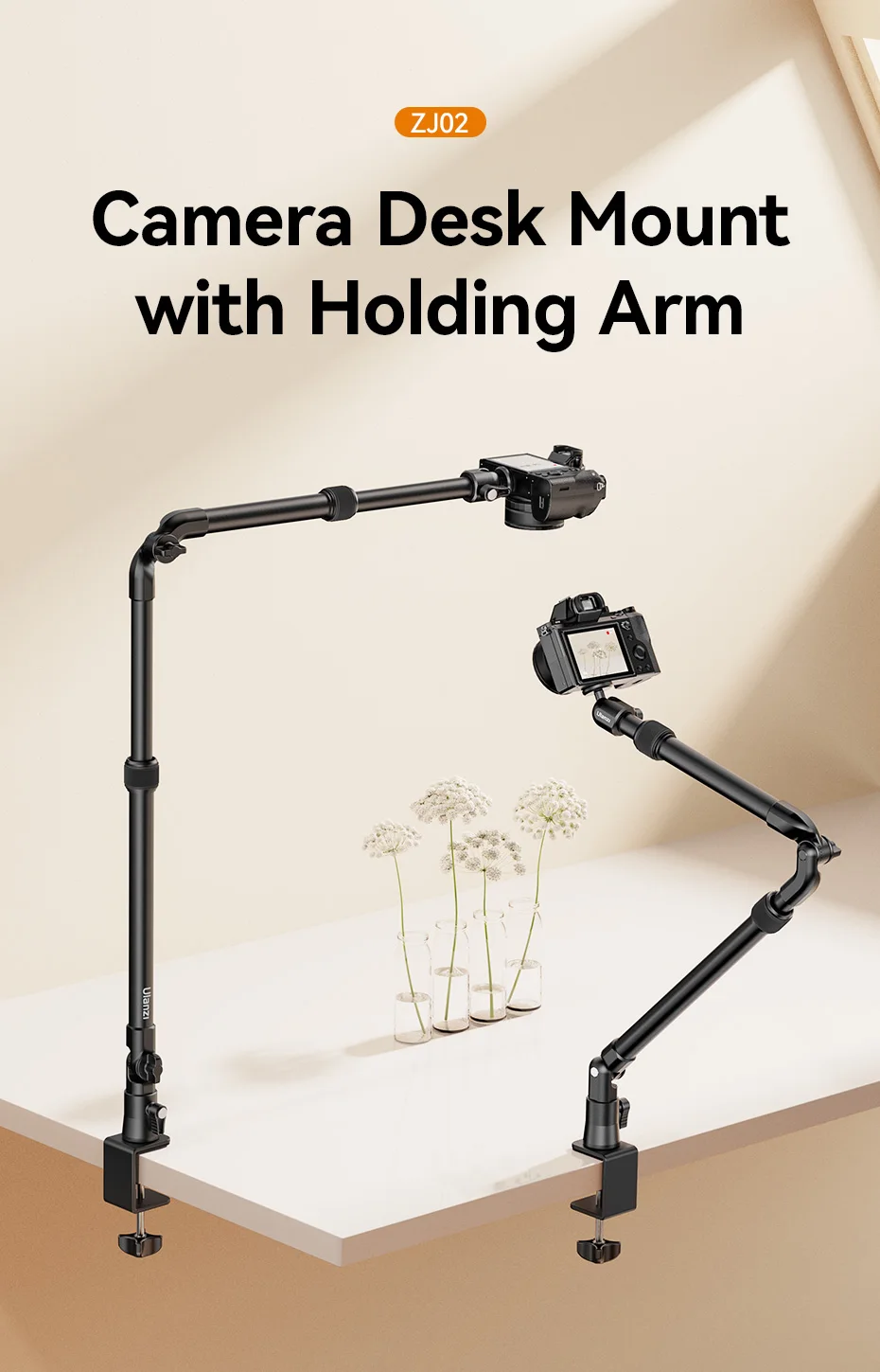 Ulanzi zj02 kamera schreibtisch halterung mit halte arm 4,8 cm c-klemme flexible verstellung verlängern bis 65cm arm für stillleben fotografie – Detail 1