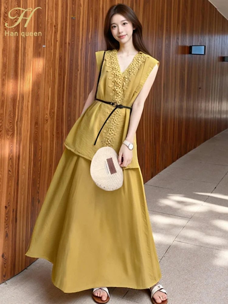 

H Han Queen New 2 Piece Set Retro Korean Sleeveless V-neck Lace V-neck Vest+Casual Large Swing Skirt Women Simple Skirt Suit