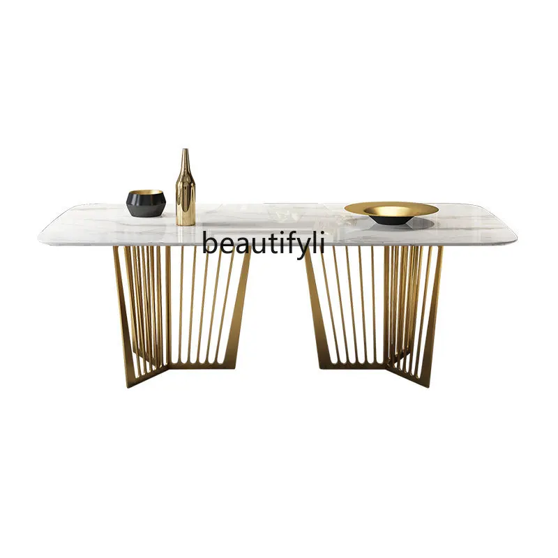 

Light Luxury Dining Tables and Chairs Set Rectangular Marble Metal Table Modern Simple Small Apartment Dining Table