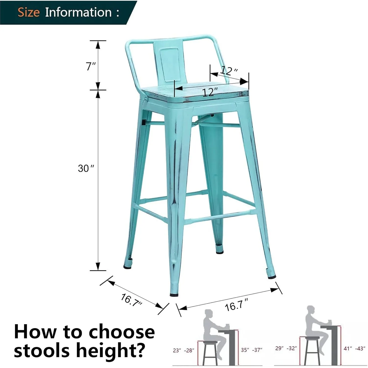 30 "เก้าอี้บาร์โลหะชุด 4 อุตสาหกรรมความสูงเคาน์เตอร์ Barstools เคาน์เตอร์ครัวสตูลไม้ต่ํากลับ-Distressed สีฟ้า