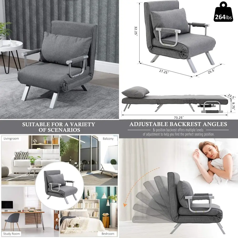 

Convertible Sofa Bed Sleeper Chair with 5 Positions, Folding Chaise Lounge Couch, Pillow & Steel Frame for Home