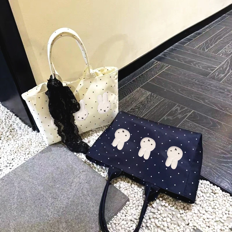 Miffy Kawaii Black & White Polka Dot Tote Bag Compact Commuter Handbag for Women & Teens Cute Bunny 2025 New Ins Lightweight