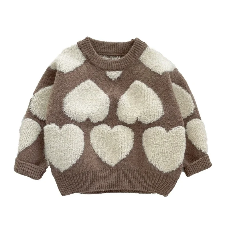 Warmer Pullover für Jungen und Mädchen, Oberteil für Kinder, 2025, Winter-Herz, beige, koreanische Strickwaren, Baby-verdicktes Oberteil, 0–4 Jahre alte Kinderkleidung