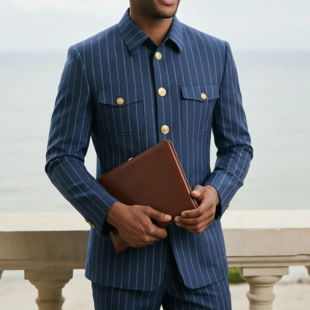 

Мужской костюм в полоску в стиле сафари, винтажный, с золотыми пуговицами, множеством карманов, приталенный, смарт-кэжуал, для мужчин, для деловых встреч