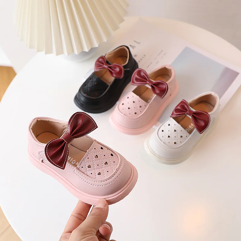 Girls Love Hollow-out  Autumn Bow Flats Comfortable Soft Sole Children Casual Shoes Fashion Simple Bow Princess Shoes Size 23-33