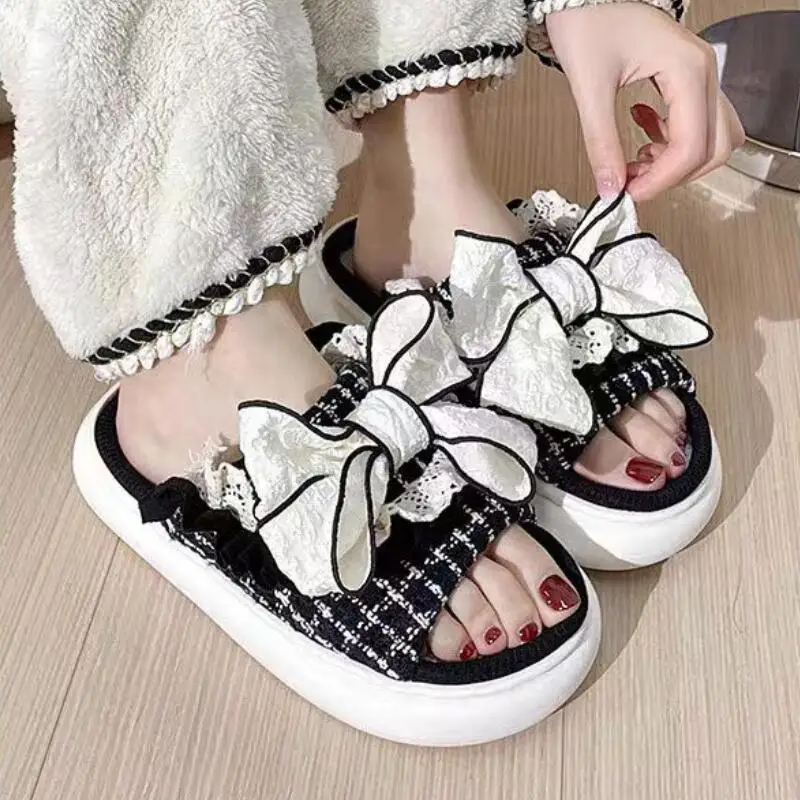2026Summernew Women Cutebutterfly Knot Linen Home Slippers Fashion Versatile Simple Comfort Thick Bottom Anti Slip Cool Dragging
