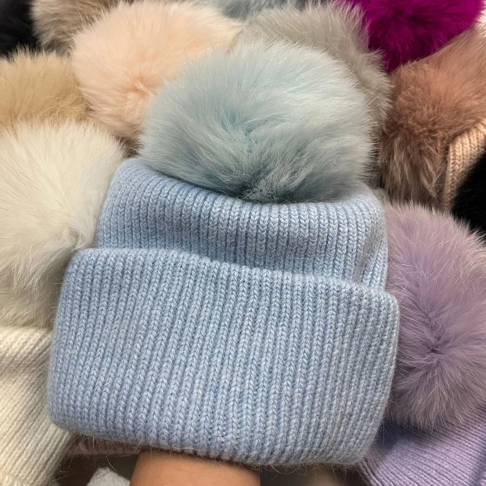 

Hat Winter Women Beanie Pompom Of Real Fox Fur Angora Knit Warm Accessory For Autumn Cold Weather Sports Skiing Outdoor Holiday