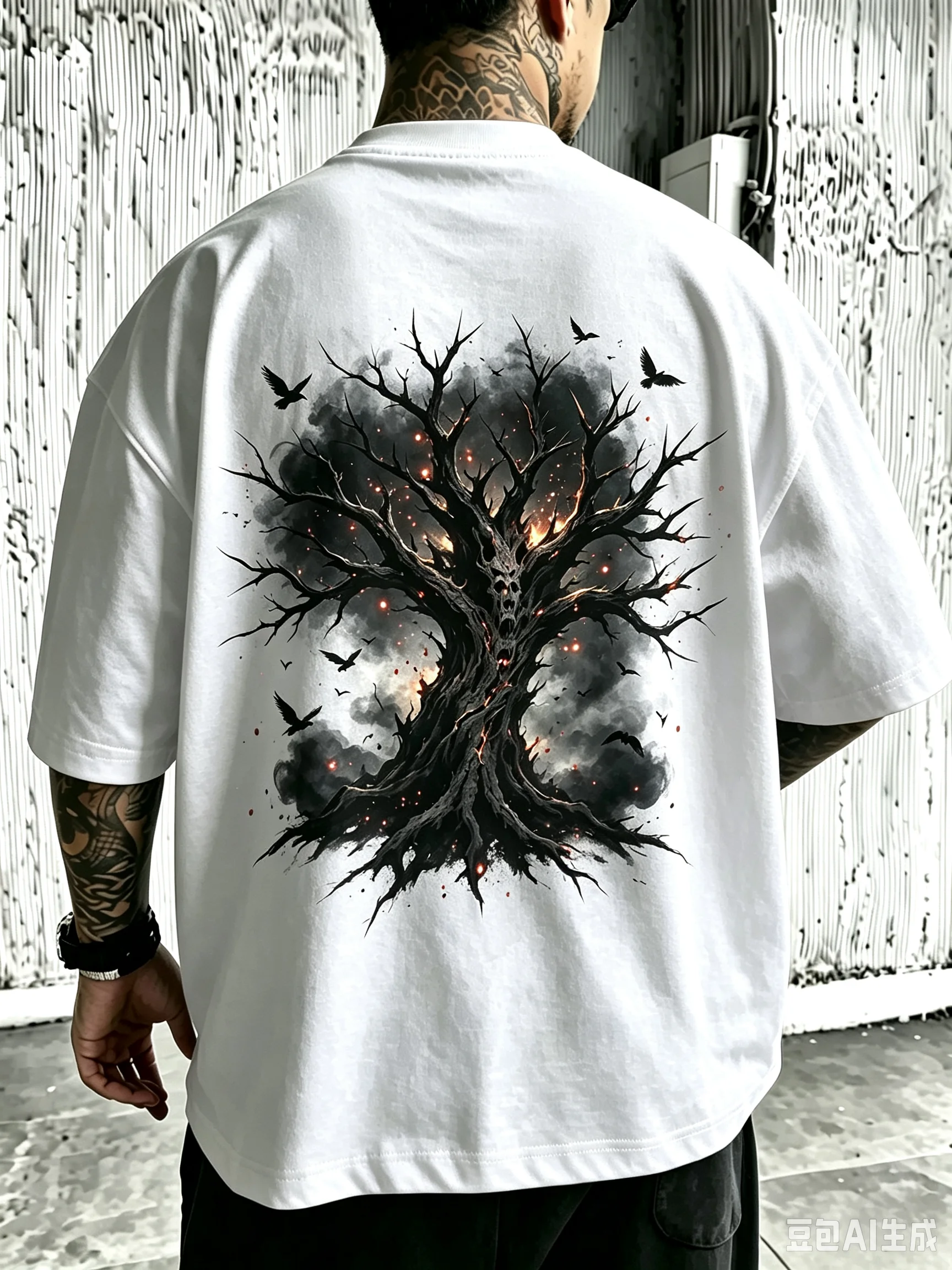 Men Women Unisex Oversized Cotton T-Shirt, Dark Gothic Burning Dead Tree Skull Crow Smoke Back Print Tee, Horror Vintage Casual Streetwear Short Sleeve Tops