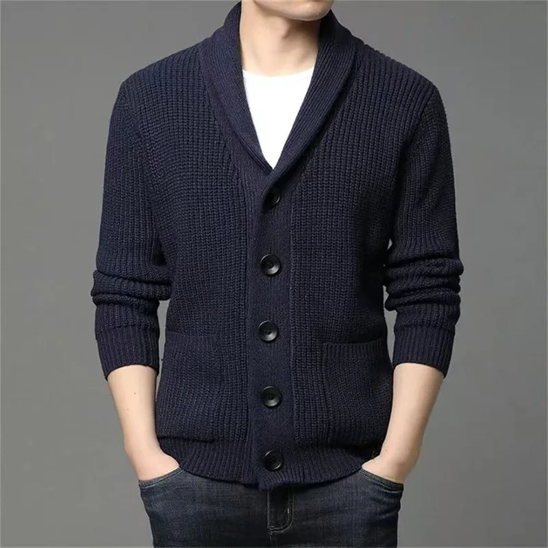 Autumn Winter Men's Thick Button Cardigan Green Fruit Collar Sweater V-neck Solid Color Casual Sweater