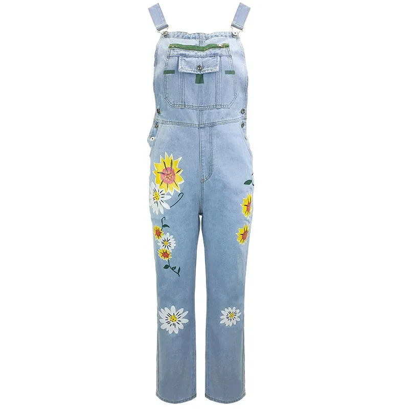 Women s Floral Print Denim Overalls Sleeveless Adjustable Straps Pocket Design Casual Summer Jumpsuit for Women S-4XL