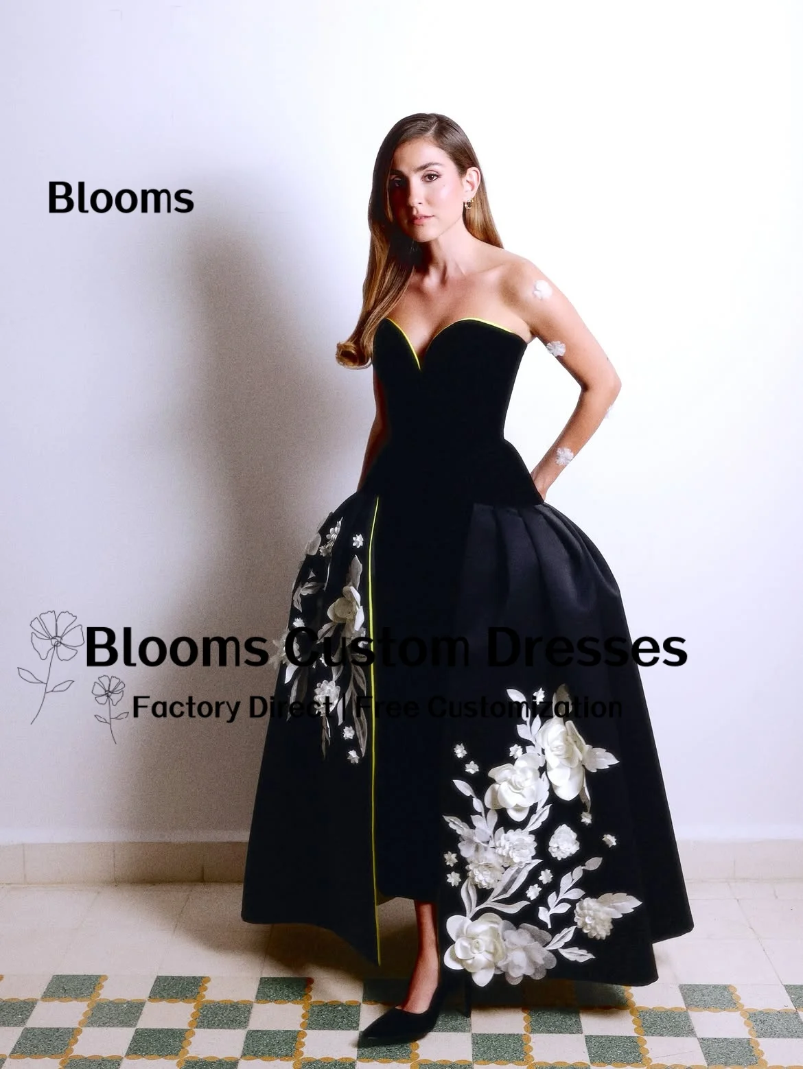 Customized Black Velvet Formal Evening Dress Sweetheart 3D Floral Appliques Overskirt Satin Elegant Party Dress High Low