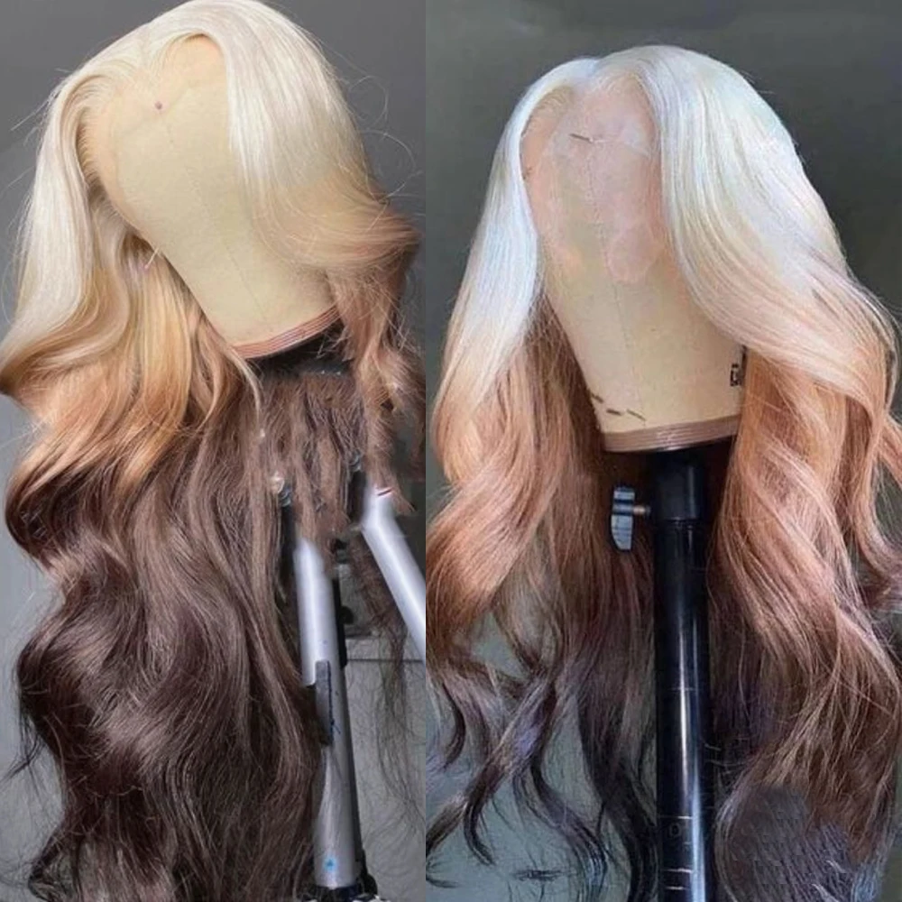 Wig sintetis pirang ke hitam lurus menutupi renda Wig depan untuk wanita dengan rambut bayi Wig rambut serat tahan panas pakaian sehari-hari